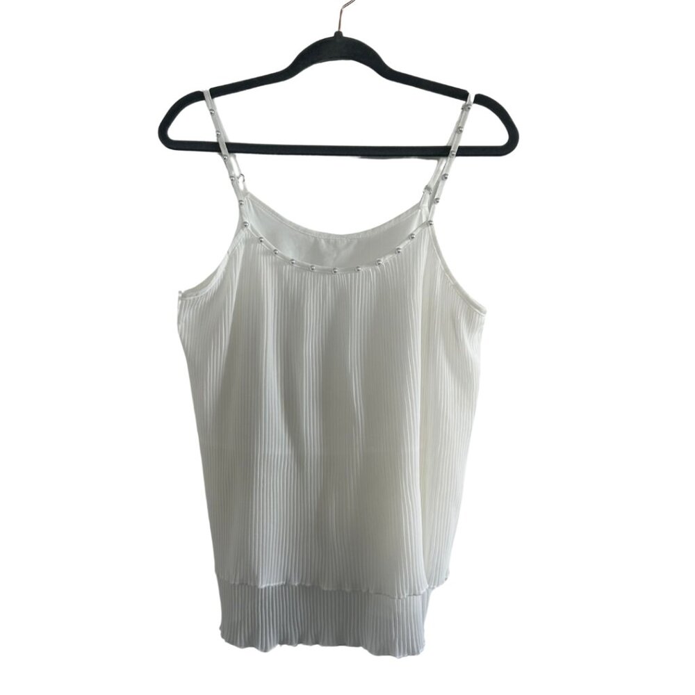 White Spaghetti Strap Tank with Pearl Accents small